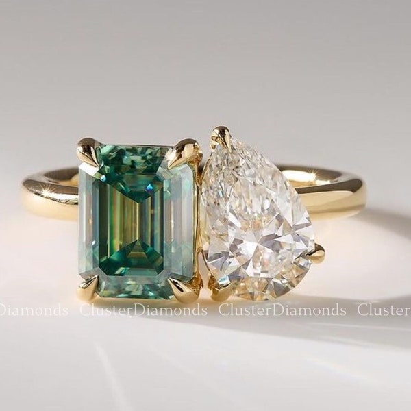 5.50 TCW Pear & Green Emerald Cut Moissanite Engagement Ring Vintage Wedding Ring 14K Gold Ring Dainty Ring Two Stone Ring Toi Et Moi Ring