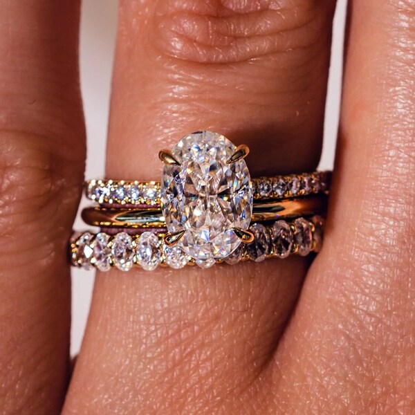 3CT Oval Shaped Moissanite Trio Bridal Ring Set Engagement ring Set 14K Gold Diamond Oval Wedding ring Oval Bridal ring Anniversary Ring