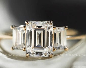 Three Stone Emerald Cut Moissanite Engagement Ring, Three Stone Emerald Cut Ring, Moissanite Engagement Ring, Emerald Cut Wedding Ring Gifts