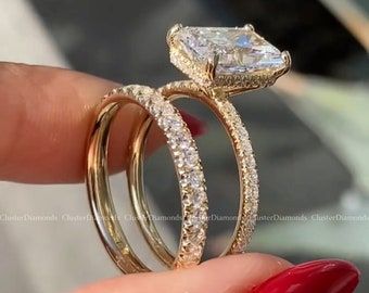 Anillos de diamantes de compromiso de moissanita de talla radiante de 4 CT, conjunto nupcial, regalo para su anillo de promesa de alianza de boda, regalos de aniversario