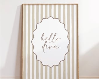 Sassy Diva Quote Print: Modern Beige Stripes, Chic Bedroom Decor