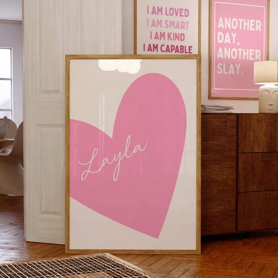 Custom Girls Name Heart Print, Custom Colour Personalised Name Poster, Kids Girly Bedroom, Teengirls Bedroom Decor, Heart Wall Art