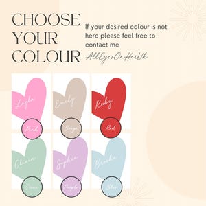May include: A graphic with the text "CHOOSE YOUR COLOUR" and six heart-shaped designs in pink, beige, red, green, purple, and blue. Each heart has a name and color label. The text "AllEyesOnHerUk" is also present.