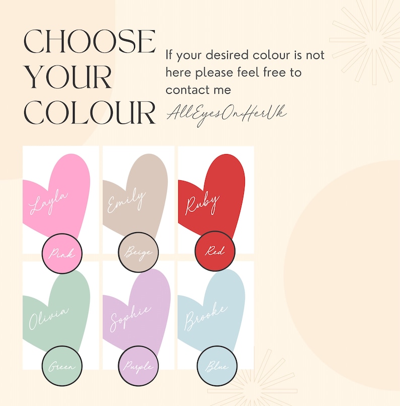 May include: A graphic with the text "CHOOSE YOUR COLOUR" and six heart-shaped designs in pink, beige, red, green, purple, and blue. Each heart has a name and color label. The text "AllEyesOnHerUk" is also present.