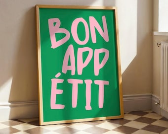 Bon Appetit Poster, Typography Print, French Quote Poster, Green And Pink Kitchen Wall Art, Funky Poster, Maximalist Kitchen Print