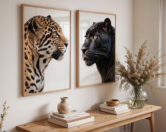 Set Of Two Prints, Leopard And Jaguar portrait, Animal Print, Leopard Print Luxury Aesthetic Wall Art, Maximalist Cheetah Bedroom Decor