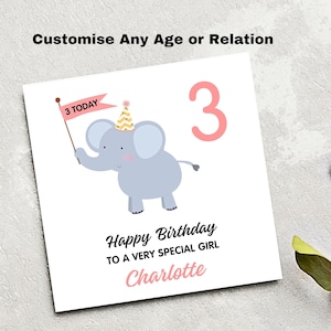 Jolie carte d'anniversaire d'âge d'éléphant pour petite fille, carte d'anniversaire pour petite-fille nièce fille filleule, jeune fille, anniversaire, fille