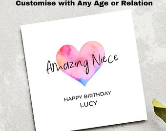 Birthday Card for Niece Personalised Pink Heart Niece Birthday Card, Amazing Wonderful Special Niece Birthday Card, Card for Niece