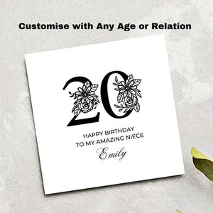 Carte d'anniversaire florale pour 20 ans, carte d'anniversaire pour 20 ans, carte d'anniversaire pour fille, nièce, petite-fille, sœur, cousine, 20e carte