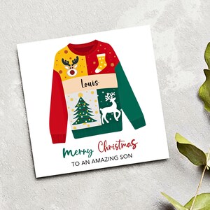 Gepersonaliseerde kerstkaart voor zoon Kersttrui zoon kerstkaart, kaart voor volwassen zoon, jonge zoon, zoon kerstkaart, zoon, KERST