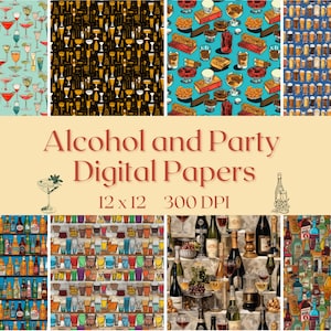 Alcohol and Party Digital Paper - Seamless! - Different Styles and Colors - 8 Designs - 12in x 12in - Commercial Use - INSTANT DOWNLOAD