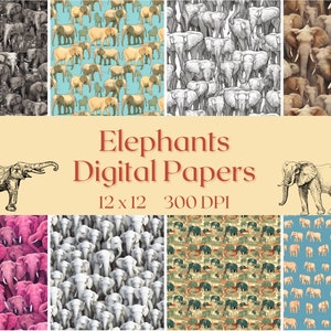 Papel digital de elefantes - ¡Sin costuras! - Diferentes estilos y colores - 8 diseños - 12in x 12in - Uso comercial - DESCARGA INSTANTÁNEA