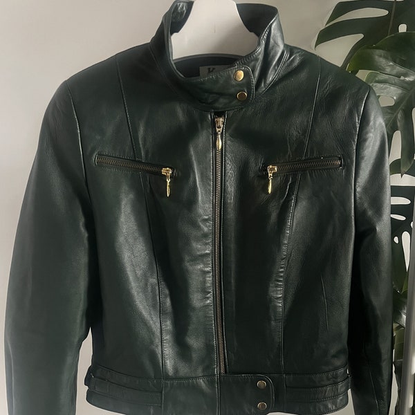 Women's Vintage Y2K Bottle Green Biker Leather Jacket