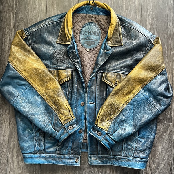 Vintage Men’s Leather Blue Yellow Jacket / Size XL