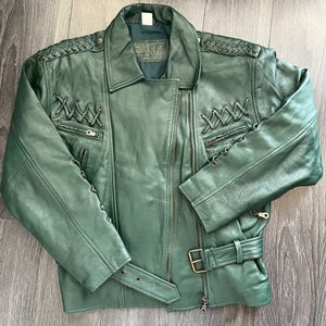 Veste Ramones vintage pour femme en cuir vert foncé avec ceinture / Taille M-L