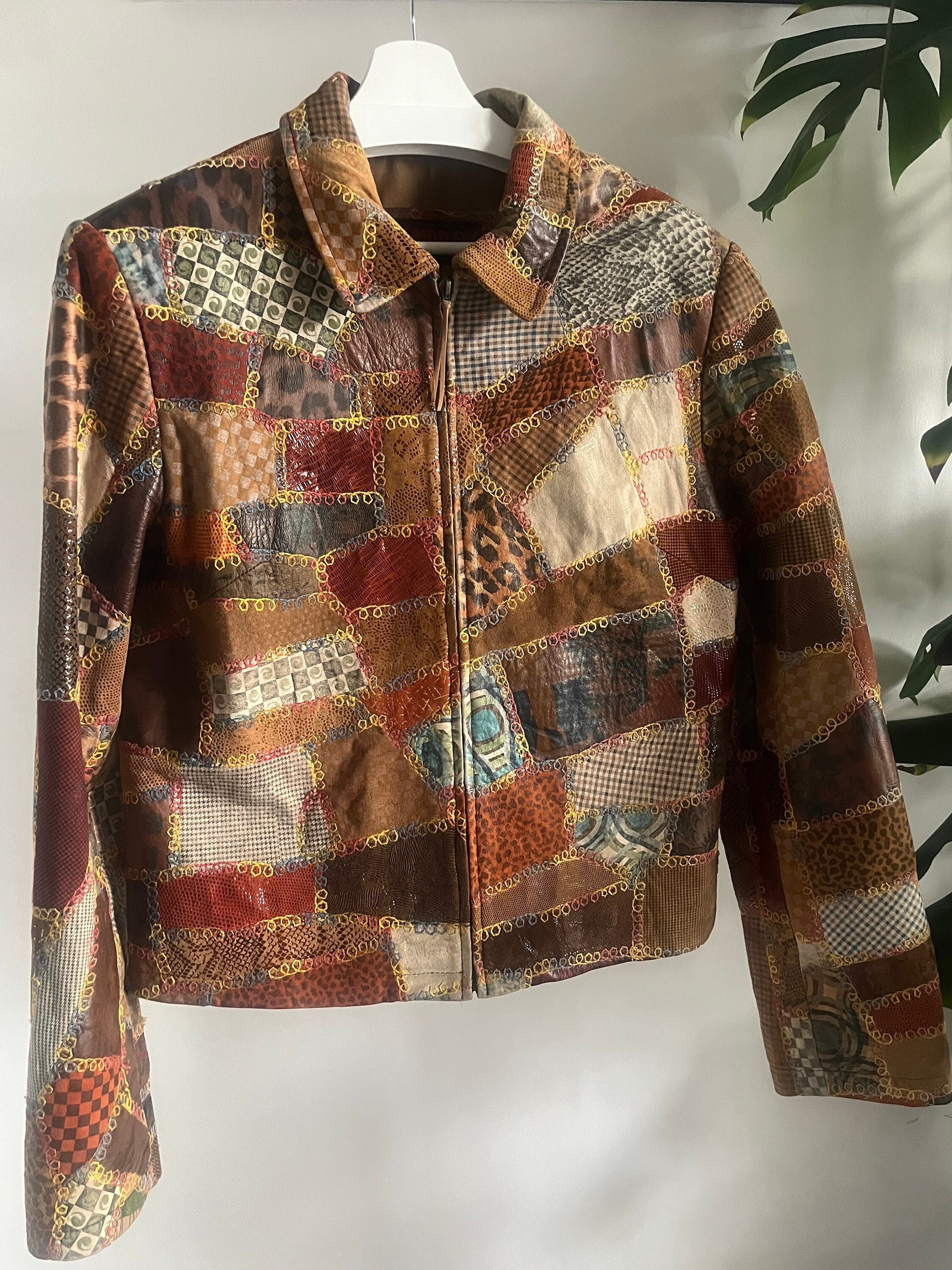 Women's Vintage Patchwork Leather Jacket in Brown and Beige Women's Vintage Patchwork Leather Jacket in Brown and Beige
