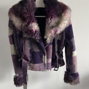 Women Purple Wool Unique Patchwork Jacket with Belt / Size M-L