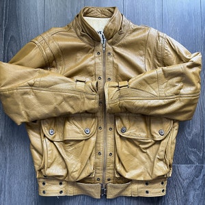 Blouson aviateur vintage en cuir jaune doré tige d'or / Taille M-L