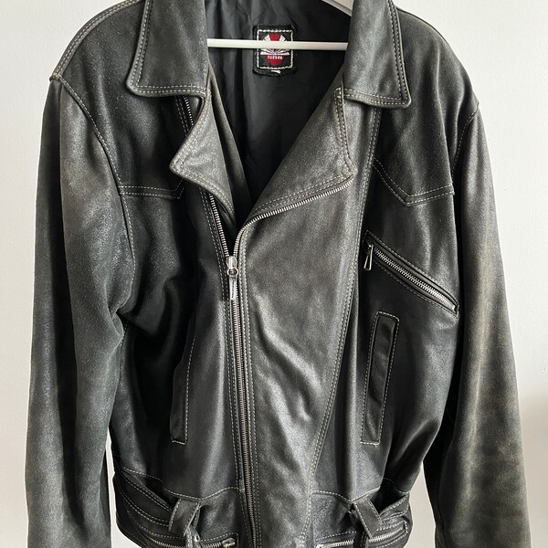 Vintage Grey Black Ramones Suede Leather Jacket / Classic Biker Motorcycle Jacket / Size XL-XXL