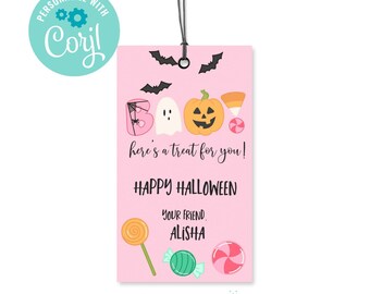 Bewerkbare Happy Halloween minimalistische roze oranje tag van 2" x 3,5" - personaliseren Corjl, Halloween-klascadeau, cadeau van leraar, Halloween-gunst