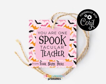 BEWERKBARE 2" You Are One Spook Tacular Teacher Halloween-tag, leraar Halloween-cadeautag, roze en oranje vleermuizen, Halloween-tag, herfstleraar