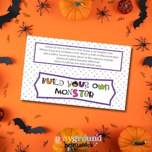 May include: A printable activity sheet with a white background and black polka dots. The sheet has a purple banner with the text "Build Your Own Monster" in colorful letters. The text below the banner provides instructions for creating a monster using googly eyes, pipe cleaners, and dough.