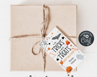 Editable Happy Halloween No Tricks Just Treats 2" x 3.5" Tag - Personalize Corjl, Halloween Class Gift, Gift From Teacher, Halloween Favor