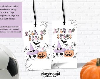 Etiquetas de regalo de fútbol Kick or Treat / Imprimibles de Halloween en colores pastel / Lindas etiquetas de regalo de equipo para niñas / Descarga instantánea / Etiquetas de recuerdo de equipo de fútbol