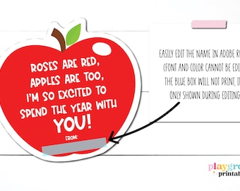 Bewerkbare 3" rozen zijn Red Teacher Apple Tag, Back to School Gift Tag