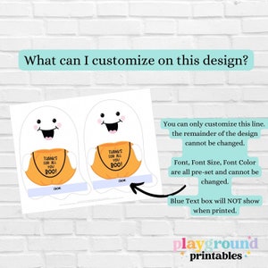 May include: Printable Halloween treat bag design featuring a friendly ghost holding a pumpkin bucket with the text "Thanks for all you BOO!" The design is customizable with a text box for a name or message.