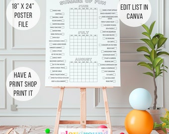18" x 24" Wydrukuj Letni Kalendarz Plakat Listy Życzeń Edytowalny, Lista Życzeń Dzieci na Lato, Aktywności, Lato Wydrukuj,