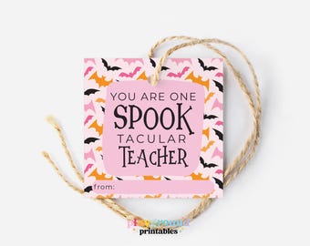 2" You Are One Spook Tacular Teacher Halloween-tag, leraar Halloween-cadeautag, roze en oranje vleermuizen, Halloween-tag, herfstcadeau leraar