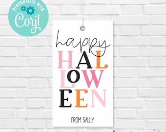 Bewerkbare Happy Halloween minimalistische roze oranje tag van 2" x 3,5" - personaliseren Corjl, Halloween-klascadeau, cadeau van leraar, Halloween-gunst