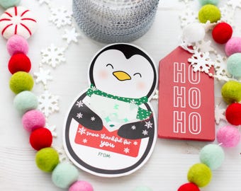 Afdrukbare bewerkbare kerstleraar pinguïn cadeaukaarthouder sneeuw dankbaar voor jou, wintercadeau