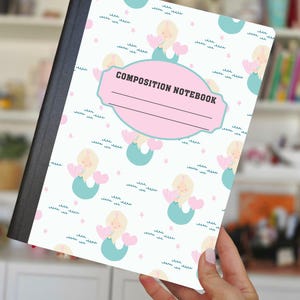 Printable Hand Drawn Composition Notebook PNG JPEG Sticker Mermaids, Back to School, DIY Notebook Cover