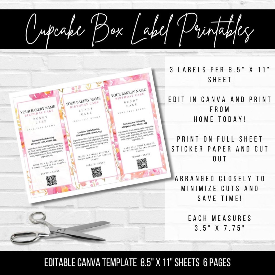 Cupcake, Bundt Cake Box Printable Labels 3.5 X 7.75, Editable, Spring ...