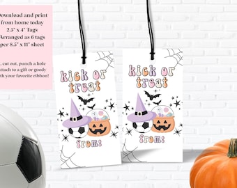 Etiquetas de regalo de fútbol Kick or Treat / Imprimibles de Halloween en colores pastel / Lindas etiquetas de regalo de equipo para niñas / Descarga instantánea / Etiquetas de recuerdo de equipo de fútbol