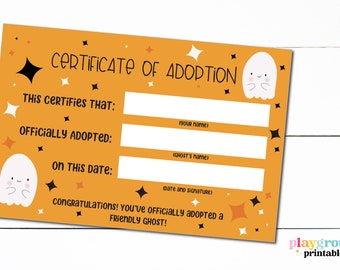 Afdrukbaar adoptiecertificaat vriendelijke geest, oranje zwart, schattige geesten, retrosterren, boo-mand