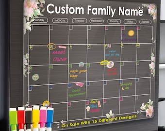 Acrylic Family Calendar, Personalized Monthly Clear Calendar for Fridge, Pink Floral Calendar for Home Office, Magnetic Calendar Dry Erase