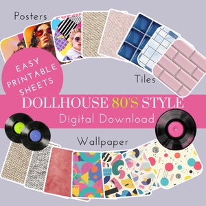 May include: Printable dollhouse decor in an 80's style.  Includes posters, tiles, and wallpaper with geometric patterns, and a record player with two records.