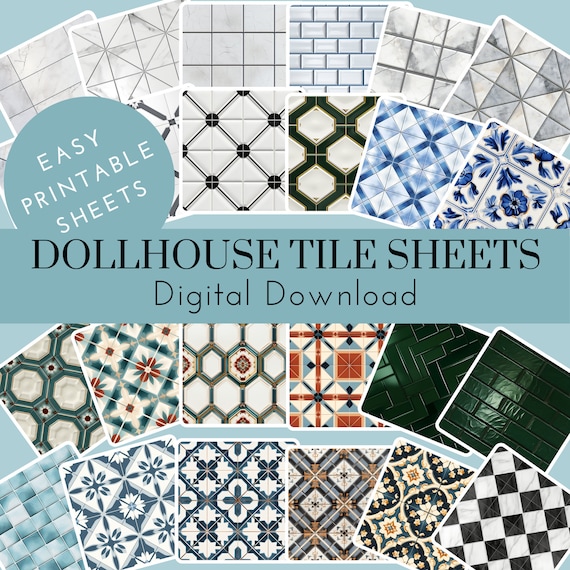 Dollhouse Miniatures Bathroom Tiles, Printable A4 Sheets, Digital Download, PNG files, 300 DPI Resolution