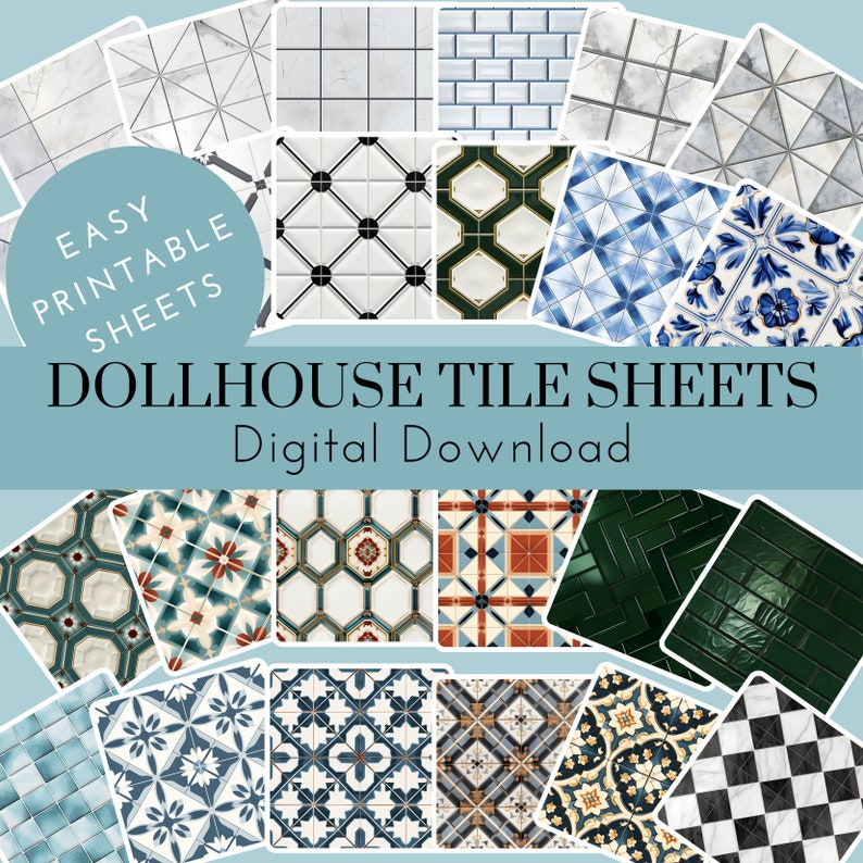 24 different types of realistic looking scaled floor and wall tiles suitable for dollhouses. This is a digital download and consists of easy printable A4 sheets that can be printed and cut to fit your dollhouse immediately.
