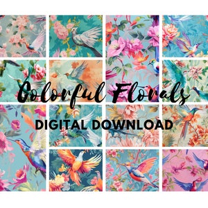May include: A digital download of 12 colorful floral patterns featuring hummingbirds and other birds. The patterns are perfect for crafting, scrapbooking, and other creative projects.