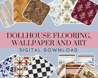 Dollhouse Flooring, Wallpaper and Wall Art Package, Digital Download, Printable Sheets, PNG Files, Dollhouse Redecoration Set, Dollhouse DIY
