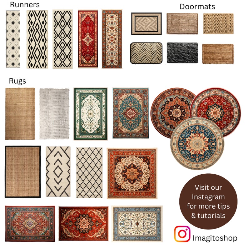 All promo pictures and videos of doormats, runners and rugs are printed on standard matteA4 printing paper. All files are PDF. For more realistic look, print our PDF on fabric paper. Miniature rugs suitable for dollhouses.