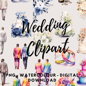 Clipart de casamento de casal gay, noivo e noivo, casamento do orgulho, download digital em aquarela, casamento LGBTQIA +, arco-íris, bolos, anéis, clipart