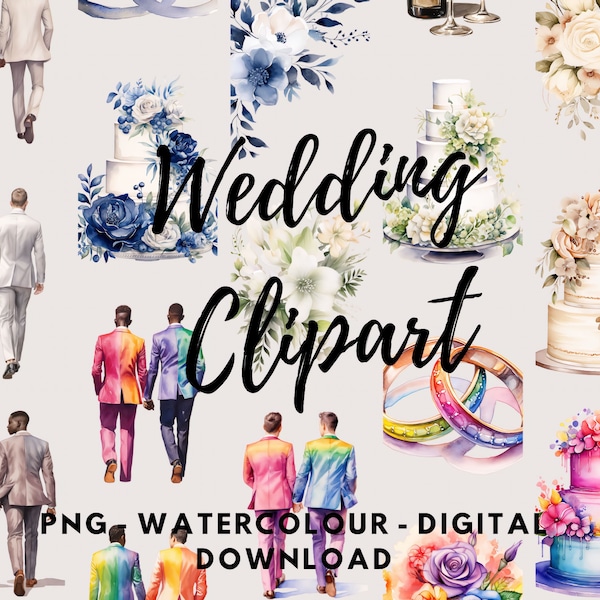 Gay Couple Wedding Clipart, Groom & Groom, Pride Wedding, Watercolour Digital Download, LGBTQIA+ Wedding, Rainbow, Cakes, Rings, Clip Art