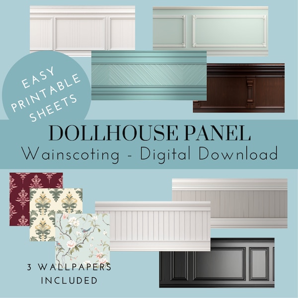 Dollhouse Wainscot and Wallpapers, Raised Wall Panels, Large Small and Extra Small Sizes, Miniatures DIY Design