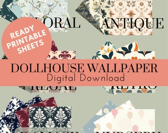 Dollhouse Miniatures  Wallpaper, Printable A4 Sheets, Digital Instant Download, PNG, Floral, Antique, Nursery, Damask, Retro, Regal