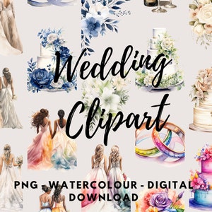 Puede incluir: Conjunto de clipart de boda de acuarela con novias, pasteles, flores y anillos. Descarga digital PNG.
